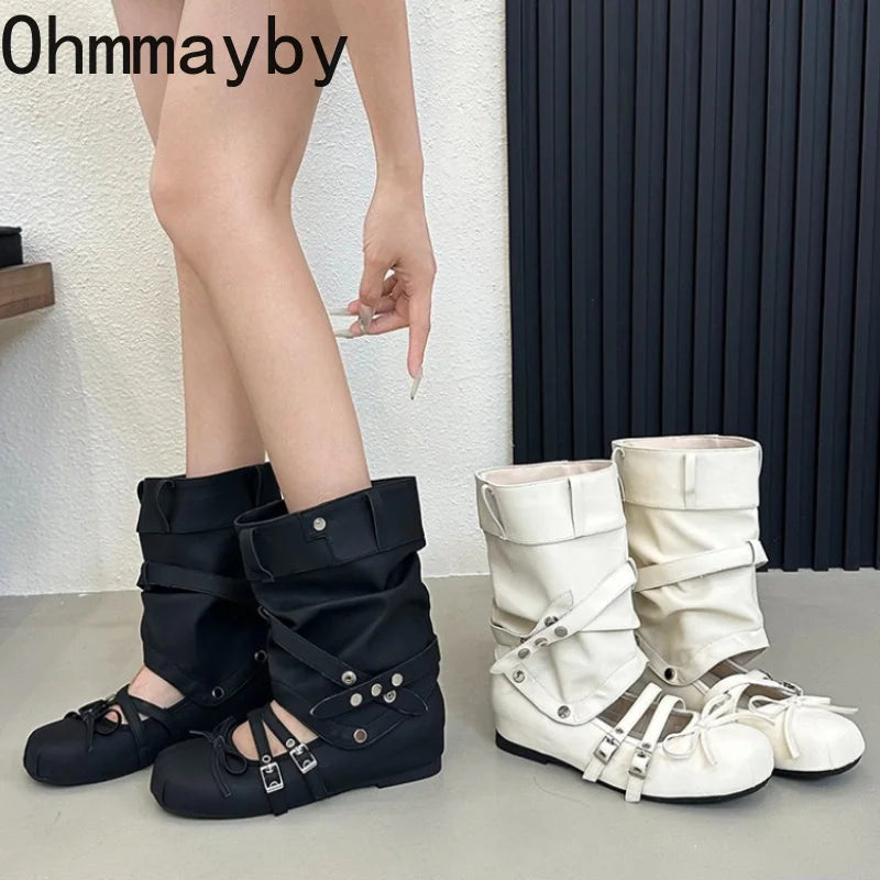 Women's Vintage Suede Mid-Calf Booties | Multi Buckle Wedge Mid-Calf Wedge Booties Axl