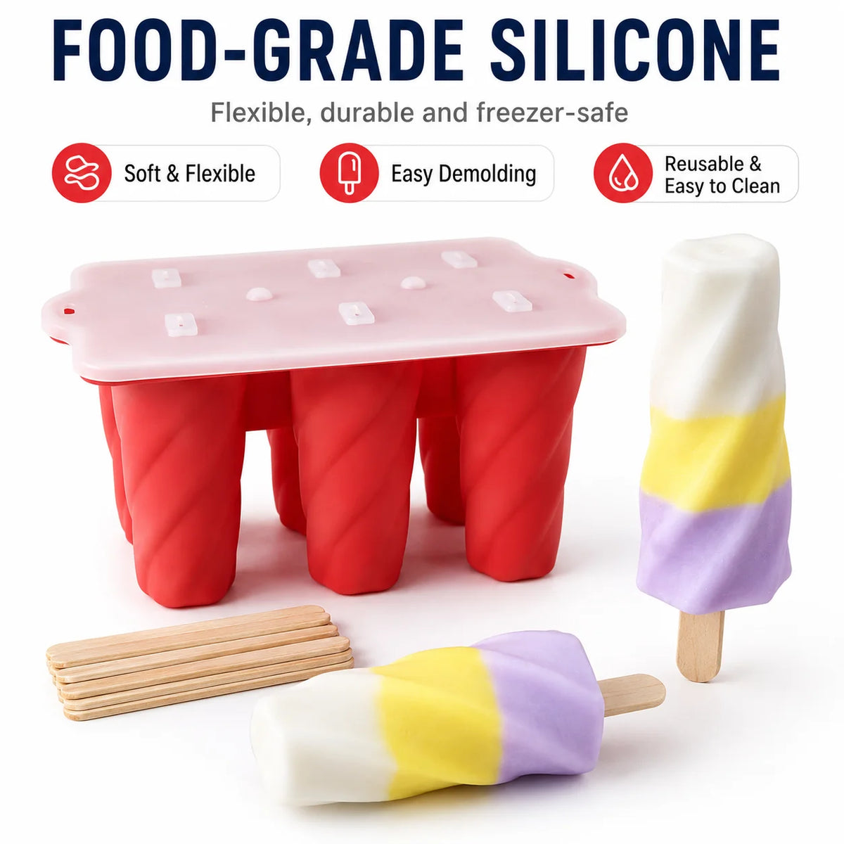 Silicone Popsicle Molds 6-Cavity Spiral Ice Pop Maker + 50 Sticks Ice Pop Mold Axl