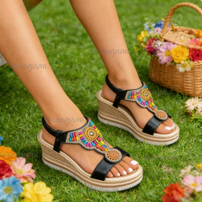Women's Bohemian Wedge Sandals – Colorful Bead Beach Shoes Wedge Sandals Axl