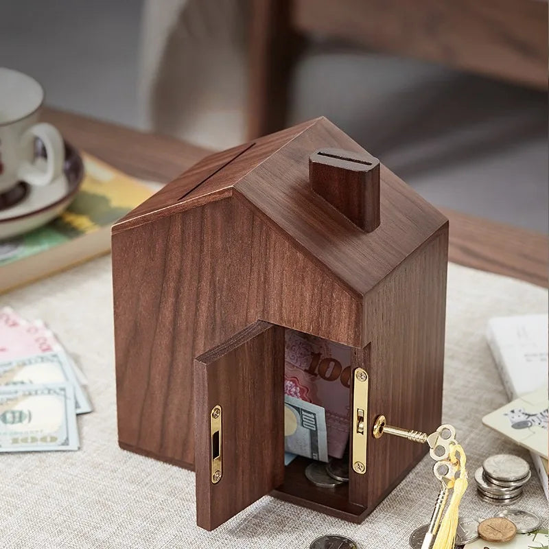 Wooden Piggy Bank with Lock – House-Shaped Money Box Wooden Money Box Axl