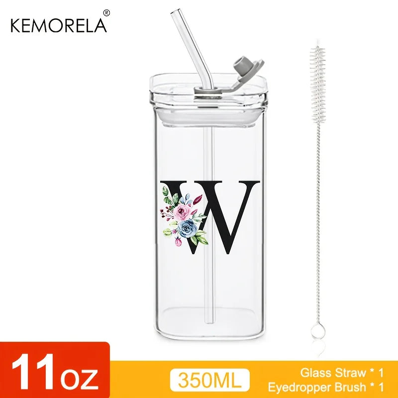 KEMORELA 300ml Letter-Shaped Glass Tumbler with Lid & Straw Glass Tumbler Axl W 300ML