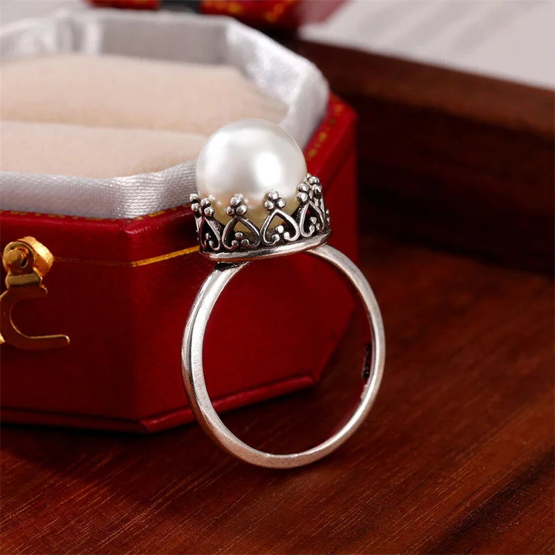 Huitan Vintage Imitation Pearl Ring Women – Antique Silver Fashion Pearl Ring Axl