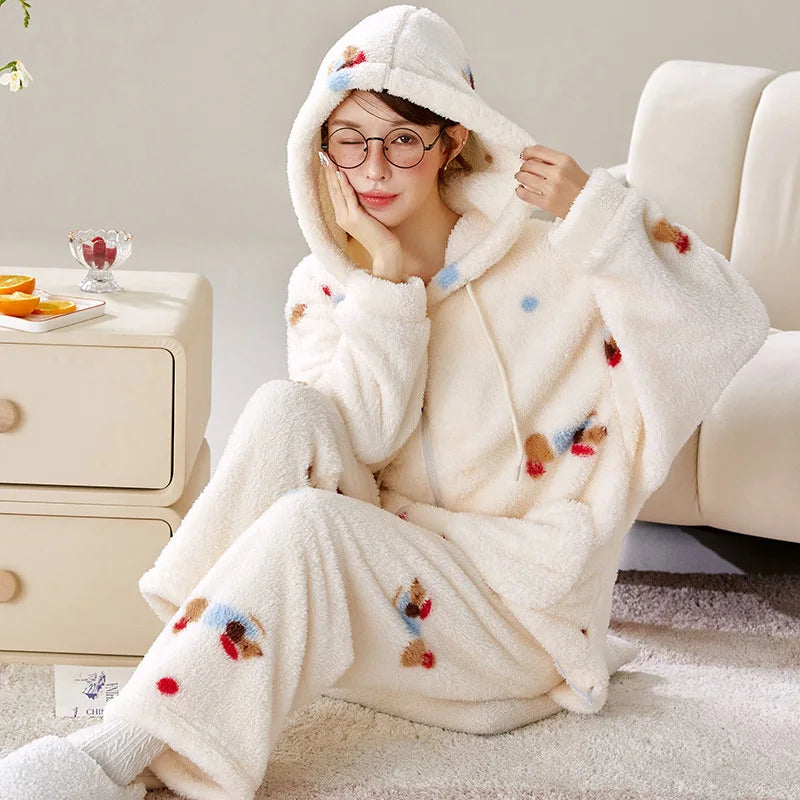 Women's Hooded Cartoon Pajama Set – Warm Fleece 2-Piece Homewear Women's Pajama Set Axl