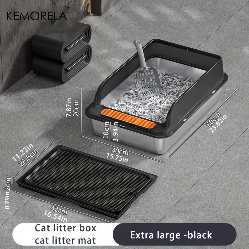 KEMORELA XL Stainless Steel Cat Litter Box with Anti-Splash Mat Cat Litter Box Axl Black 60cm