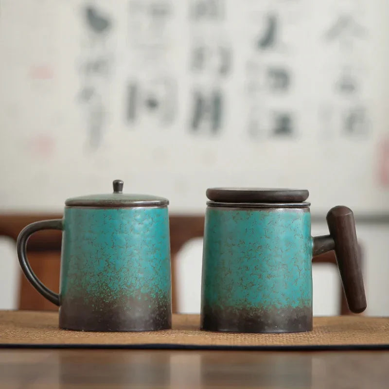 Retro Japanese Ceramic Mug with Lid & Wood Handle | Kiln Baked Ceramic Coffee Mug Axl