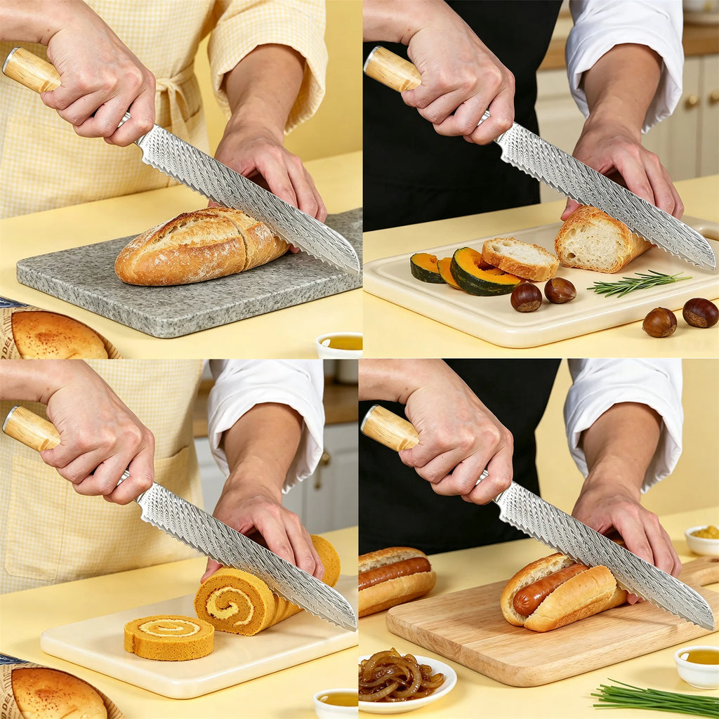 Damascus Steel Serrated Bread Knife – Sharp 19cm Slicing Knife Serrated Bread Knife Axl