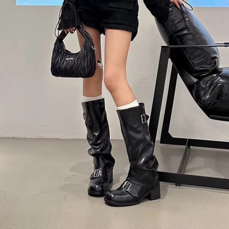 Women's Buckle Strap Knee-High Boots – Retro Round Toe Knee-High Boots Axl