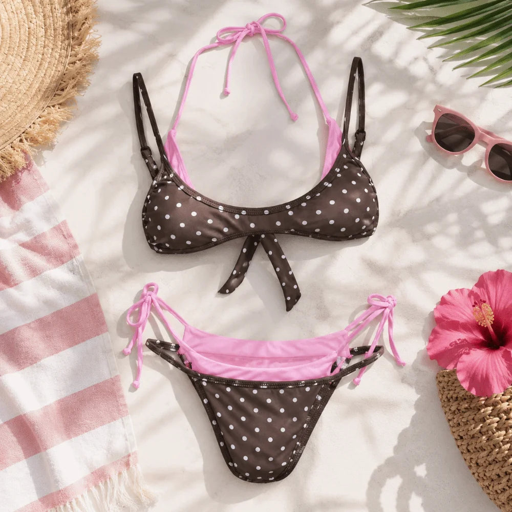 Polka Dot Halter Bikini Set – Push Up Deep V Lace-Up Swimwear Halter Bikini Set Axl