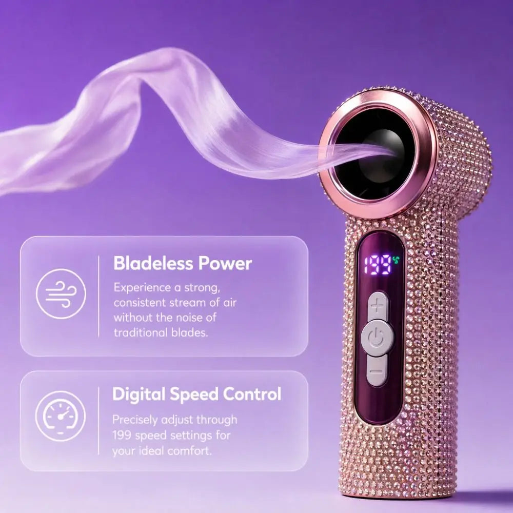 Rhinestone Handheld Fan USB Rechargeable – Digital Display Portable Handheld Fan Axl