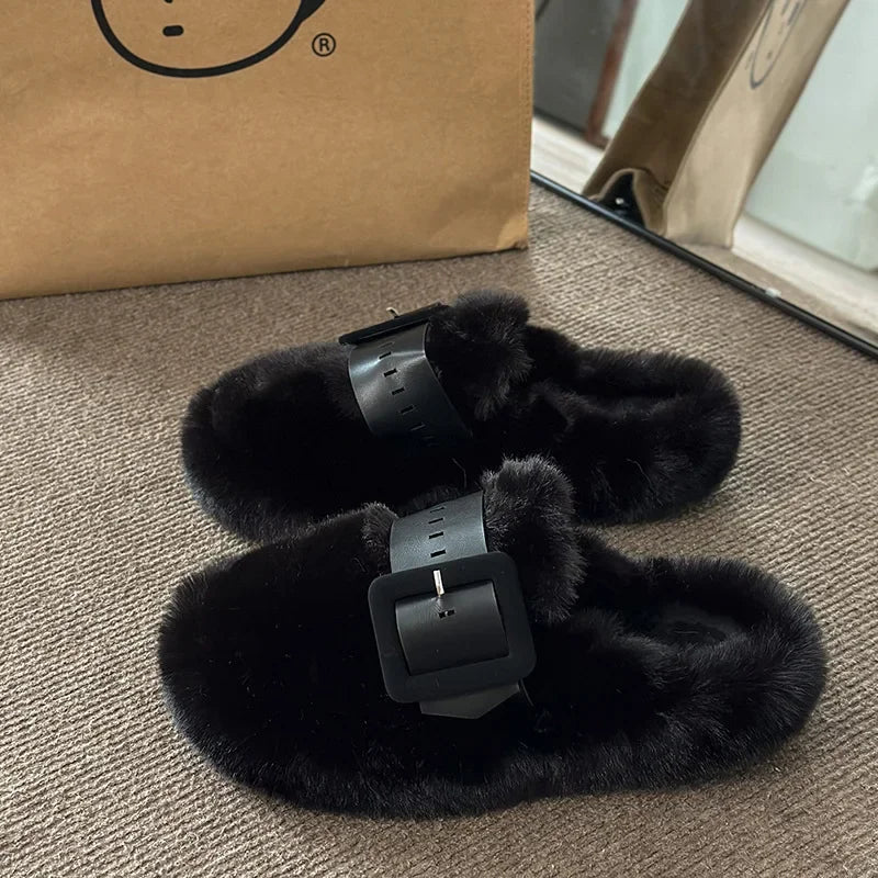 Women's Fluffy Wool Fur Slides – Warm Plush Winter Slippers Fur Mule Slippers Axl black 40