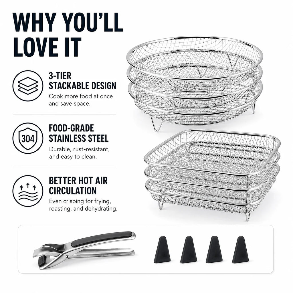 3-Tier Stackable Air Fryer Rack – Stainless Steel Dehydrator Set Air Fryer Rack Axl