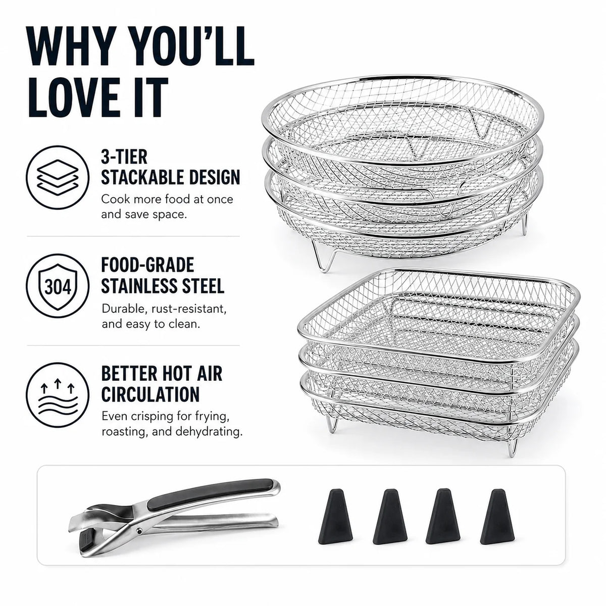 3-Tier Stackable Air Fryer Rack – Stainless Steel Dehydrator Set Air Fryer Rack Axl