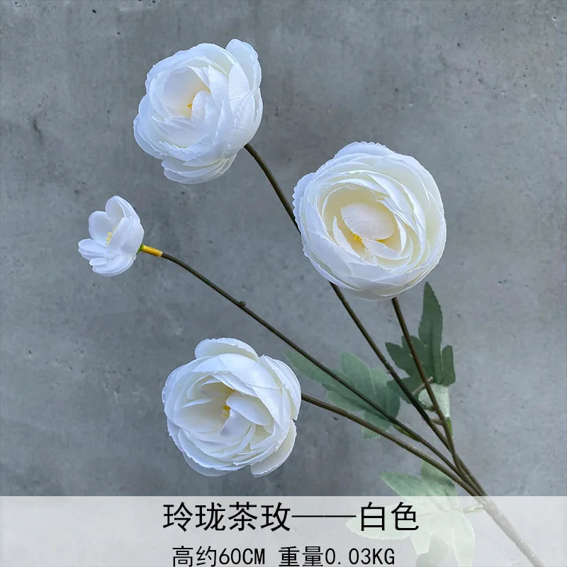 6pcs Artificial Ranunculus Flower Branches – 4-Head Tea Rose Artificial Flower Stems Axl white