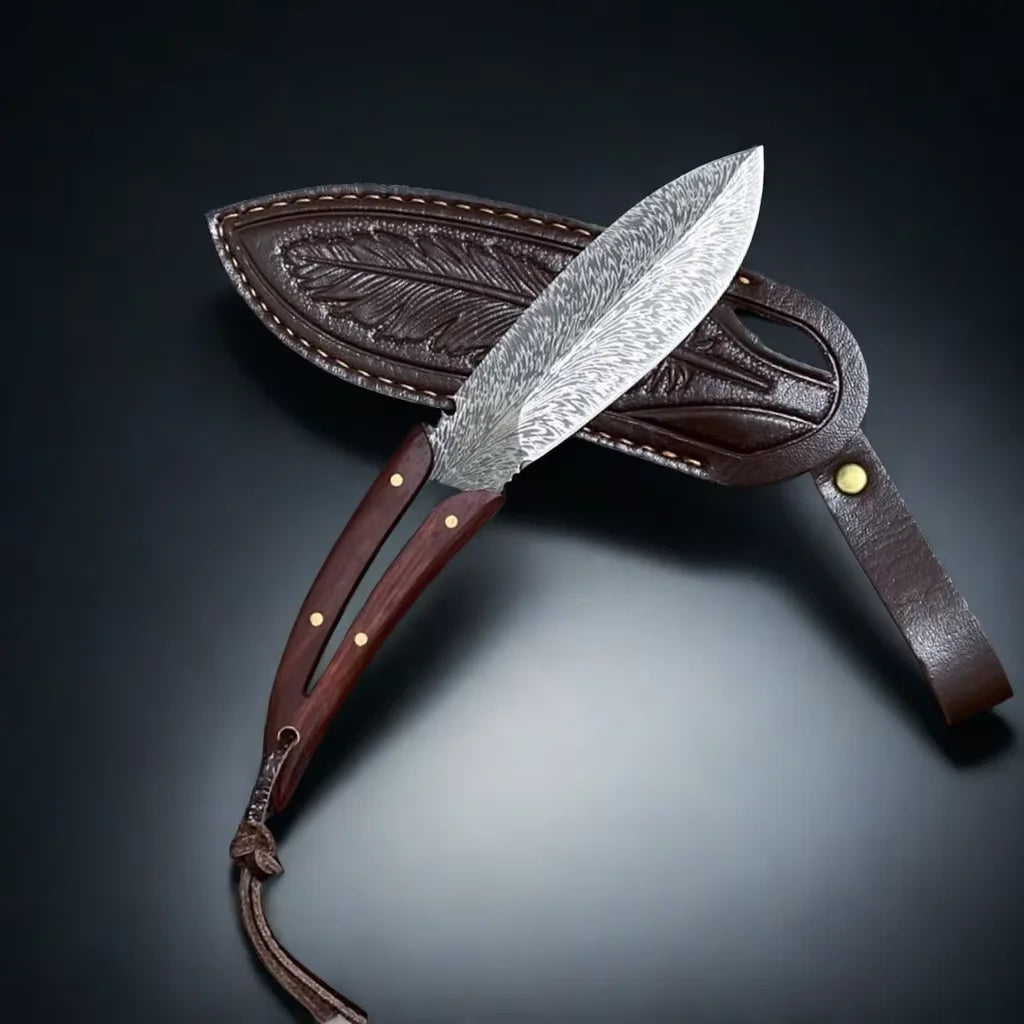 EDC Fixed Blade Knife – Patterned Leaf Blade & Wood Handle Fixed Blade Knife Axl