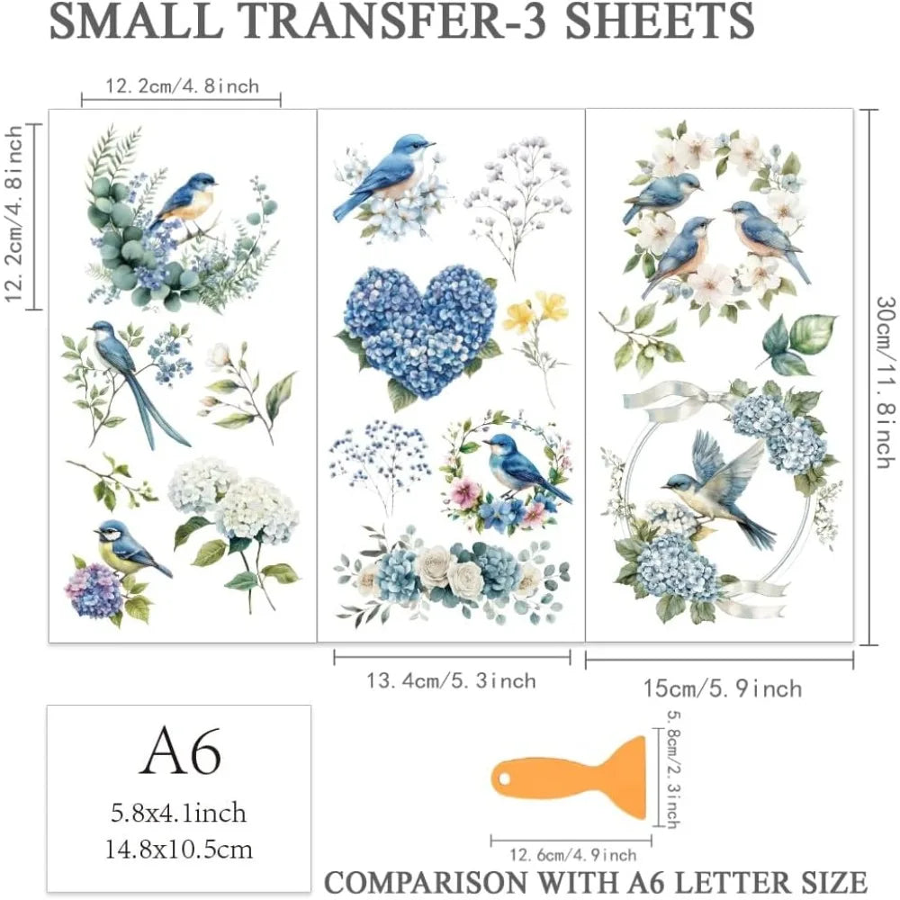 Blue Bird Hydrangea Rub-On Transfers for Furniture – 3pc Set Furniture Transfer Stickers Axl