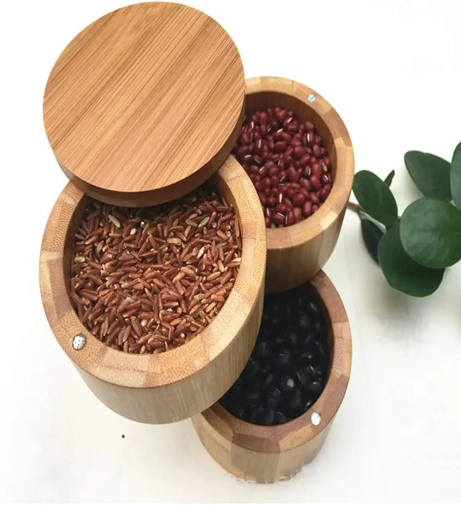 3-Tier Bamboo Salt Box & Spice Storage Jar Set with Spoon Bamboo Spice Container Axl