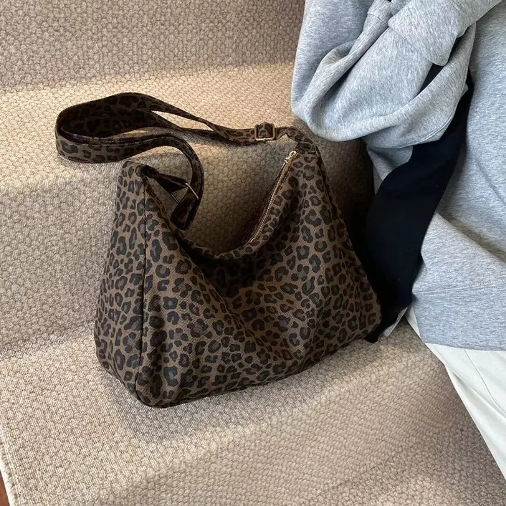Women's Leopard Print Canvas Crossbody Shoulder Bag – Large Canvas Crossbody Bag Axl