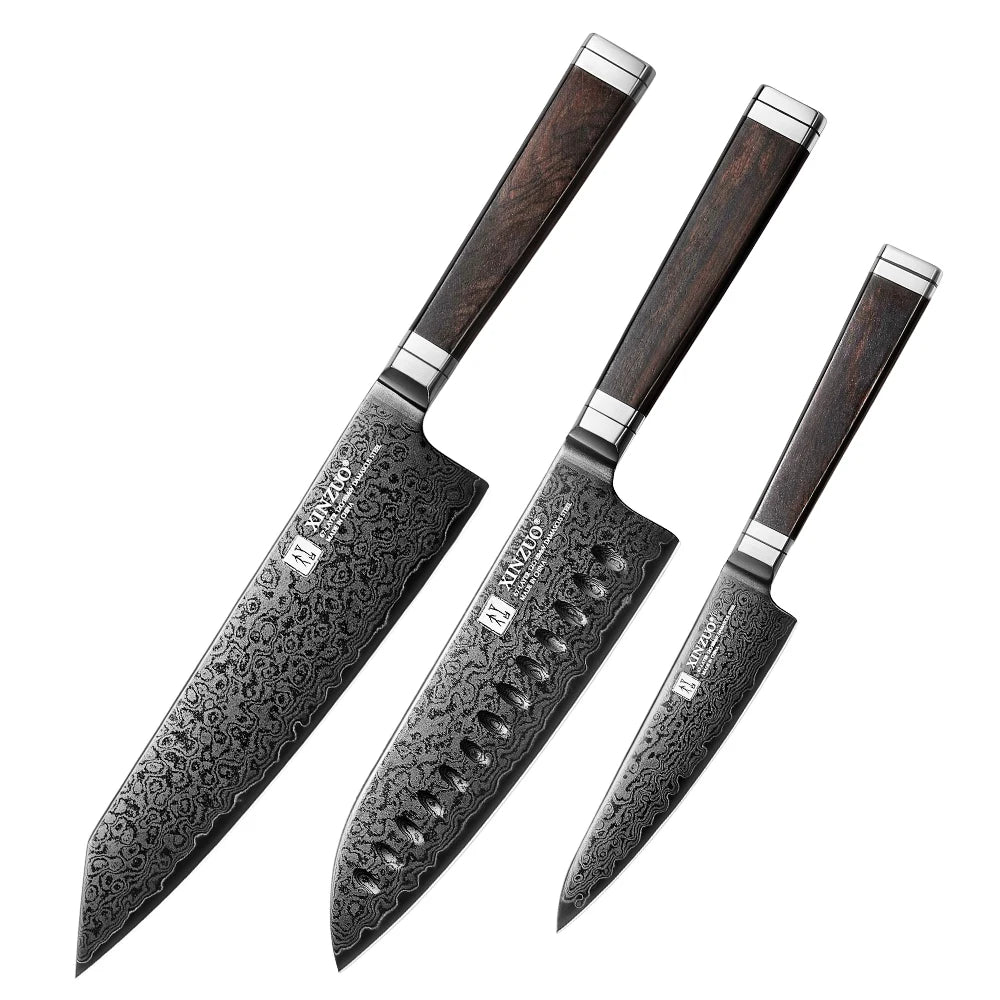 XINZUO 5-Piece Damascus Knife Set | Black Titanium Japanese Damascus Knife Set Axl 3PCS Knife Set