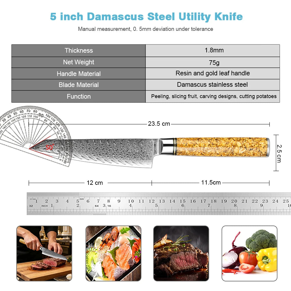 XITUO 5" Damascus Paring Knife – VG10 Steel Gold Leaf Handle Damascus Paring Knife Axl