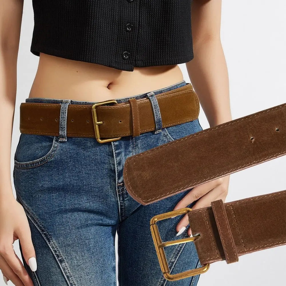 Women's Wide PU Leather Belt – Suede Pin Buckle Waistband Women's Fashion Belt Axl
