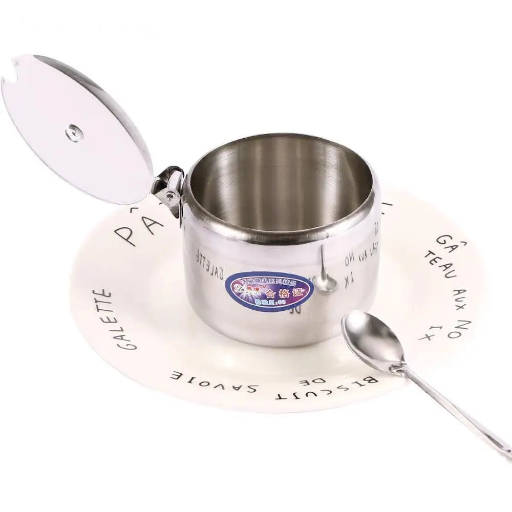 Stainless Steel Sugar Pot with Lid & Spoon | Salt Jam Jar Condiment Storage Jar Axl