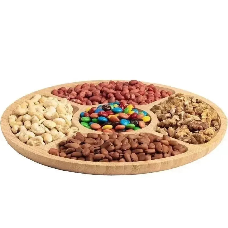 Round Bamboo Fruit Tray – 5-Compartment Divided Serving Plate Bamboo Serving Tray Axl