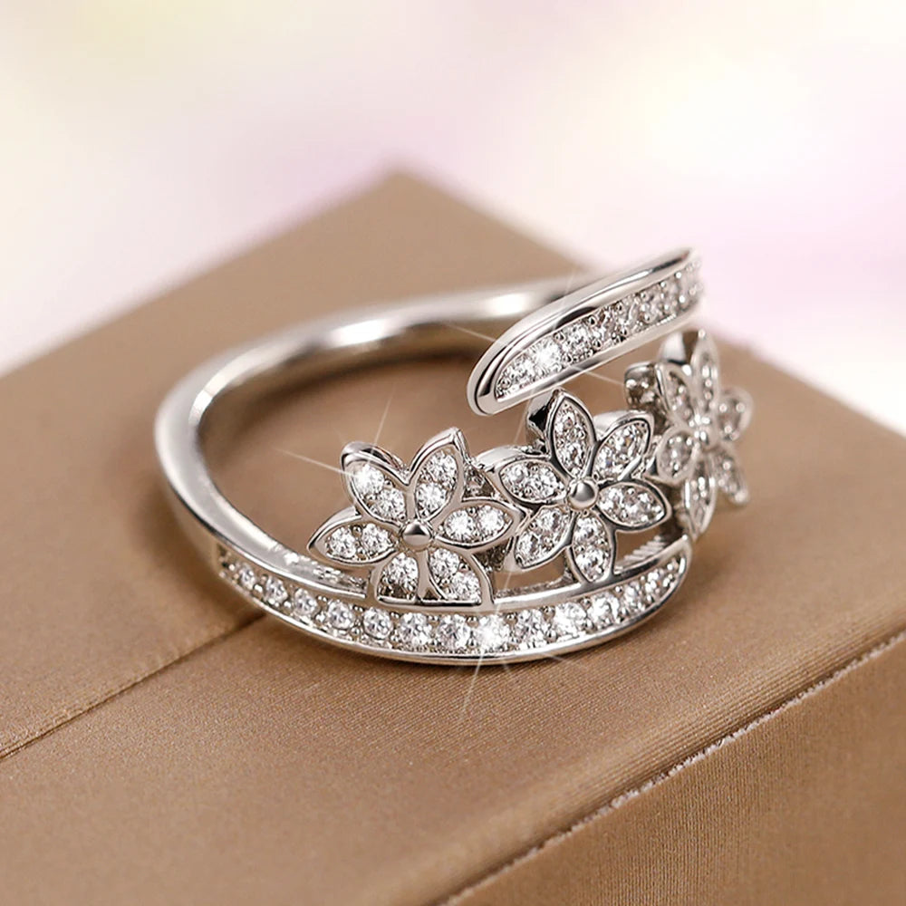 Huitan Silver Flower Adjustable Ring | Cubic Zirconia Bridal Fashion Ring Axl