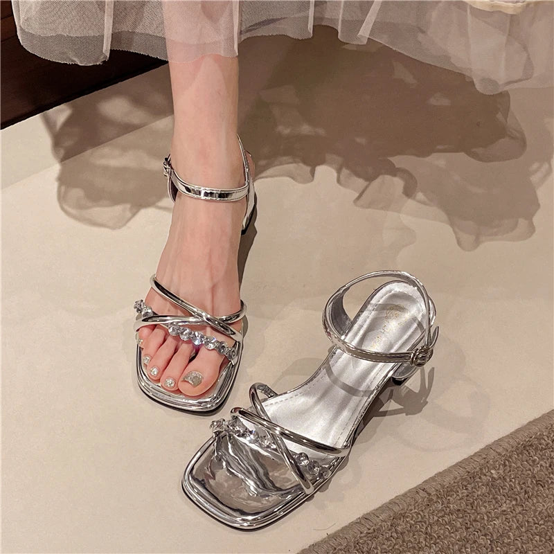 Women's Rhinestone Square Heel Sandals – Casual Buckle Strap Women's Heeled Sandals Axl