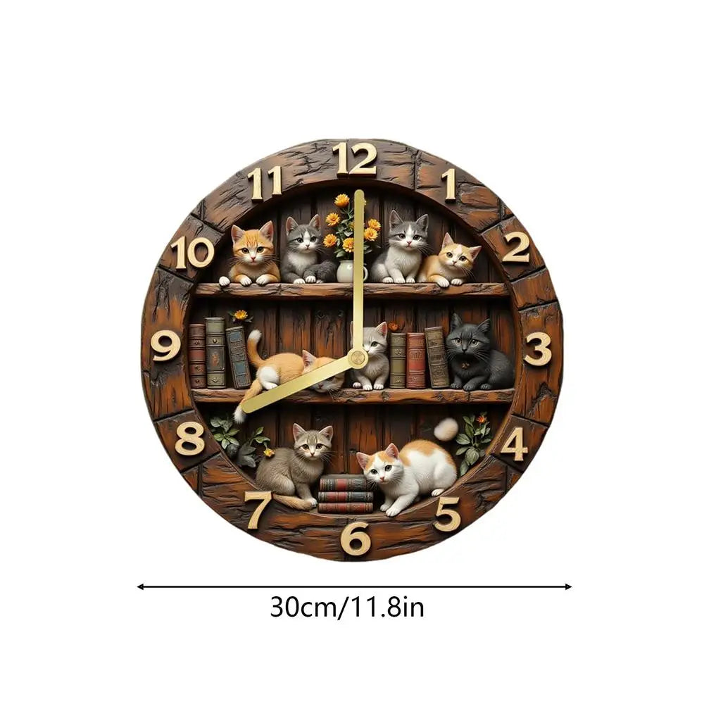 11.81" Silent Cat Wall Clock – Wooden Farmhouse Decor Silent Wall Clock Axl A