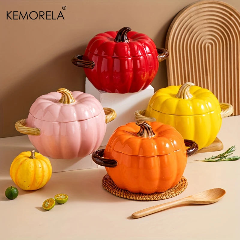 KEMORELA 50oz Ceramic Pumpkin Dutch Oven Pot with Lid Ceramic Dutch Oven Axl