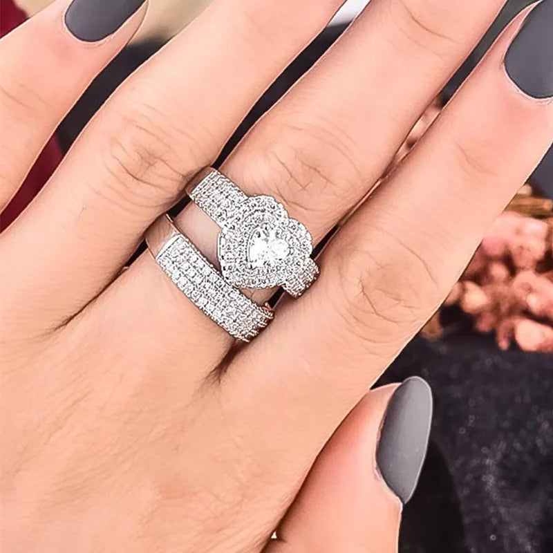 Huitan 2-Pc CZ Heart Ring Set – Women's Wedding & Party Rings Bridal Ring Set Axl