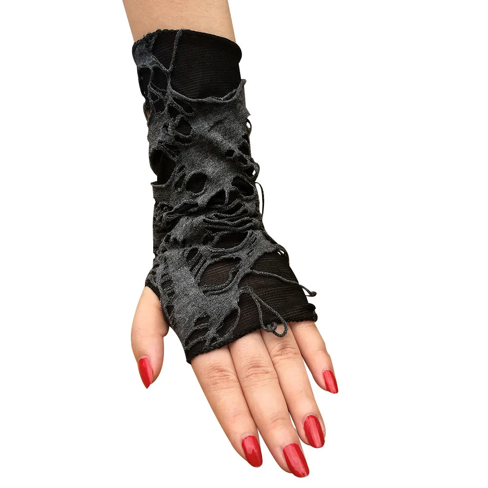 Gothic Black Fingerless Gloves – Punk Ripped Halloween Cosplay Fingerless Gloves Axl