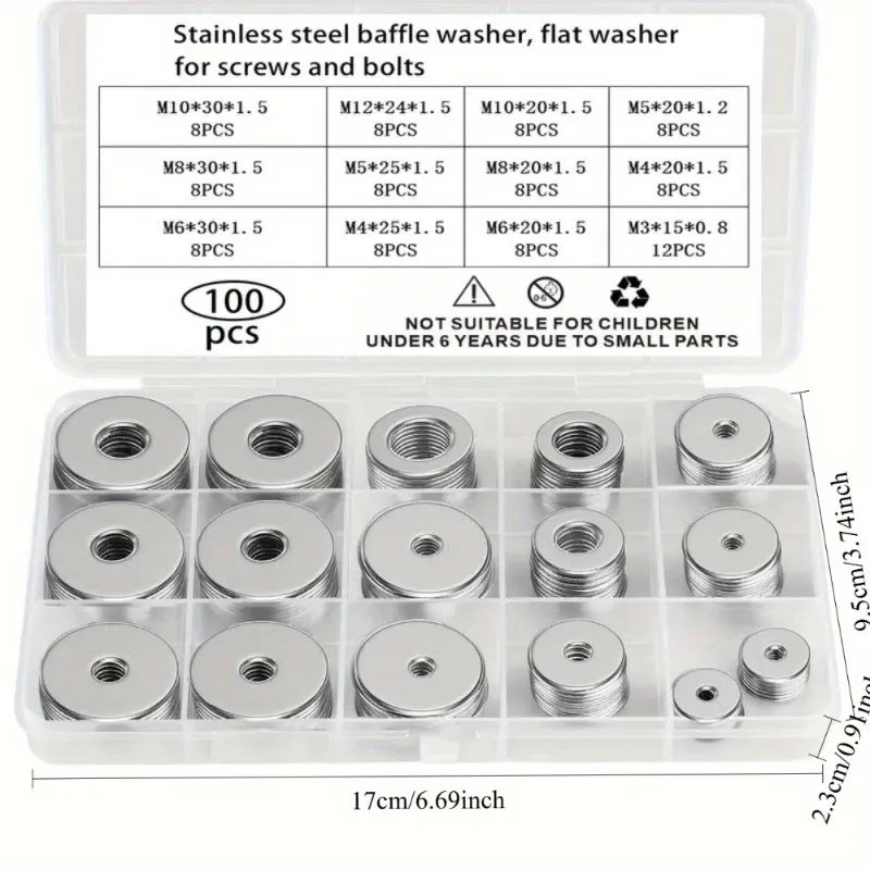 100pcs Stainless Steel Flat Washer Kit – 12 Sizes M3 to M12 Flat Washer Kit Axl 100pcs