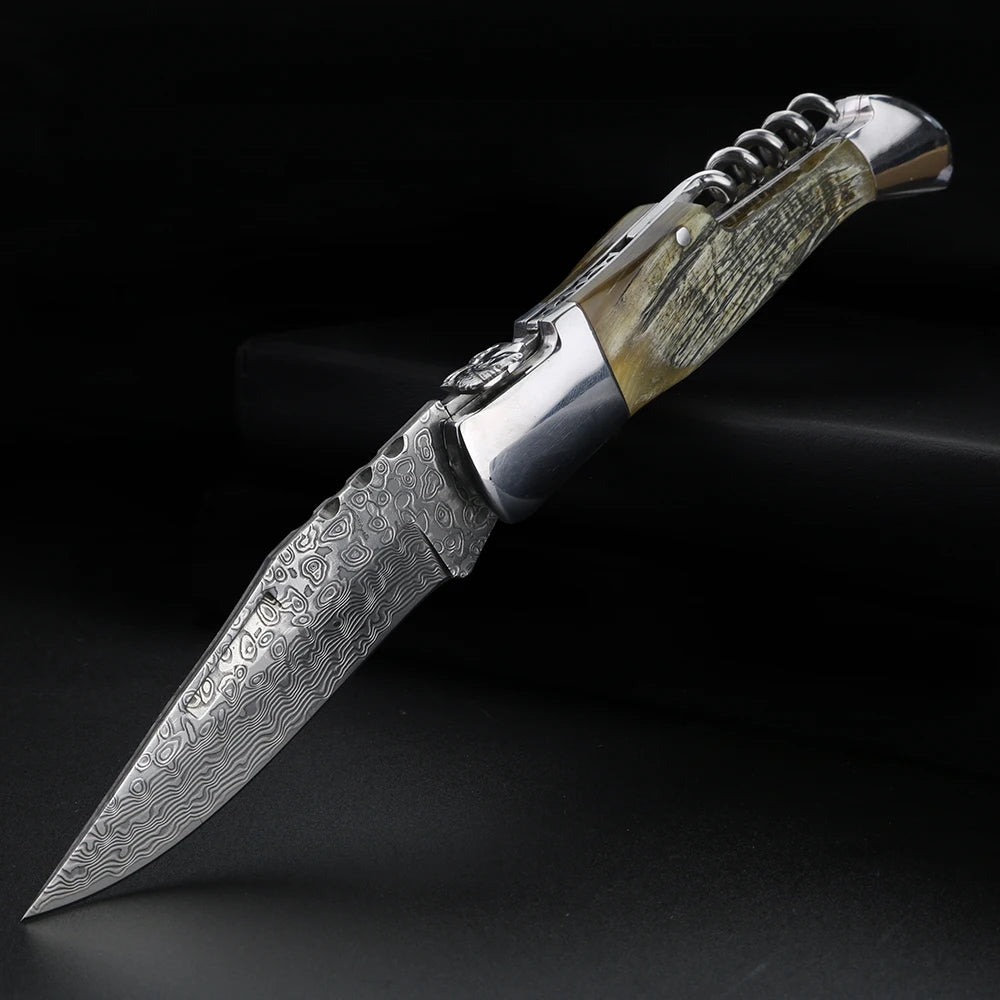 Damascus Steel Folding Knife – Sheep Horn Handle | XUAN FENG Damascus Folding Knife Axl Default Title