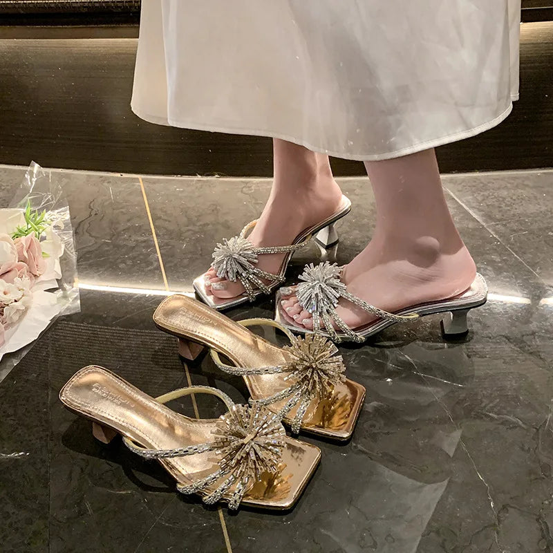 Rhinestone Chunky Heel Sandals – Square Toe Party Slippers Heeled Sandals Axl