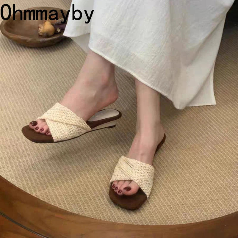 Women's Woven Wedge Slide Sandals – Open Toe Summer Mules Wedge Slide Sandals Axl