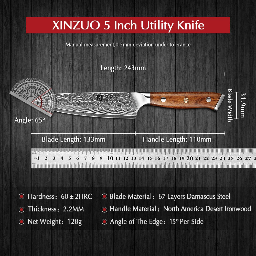 XINZUO 5" VG10 Damascus Utility Knife – 67-Layer Ironwood Handle Damascus Utility Knife Axl