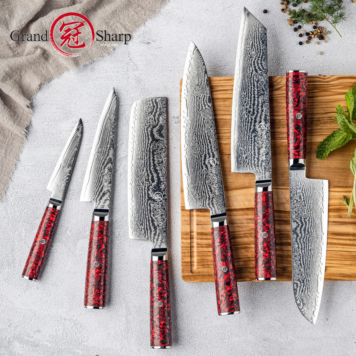 Grandsharp Damascus Steel Kitchen Knife Set – Chef, Nakiri & More Damascus Kitchen Knife Set Axl