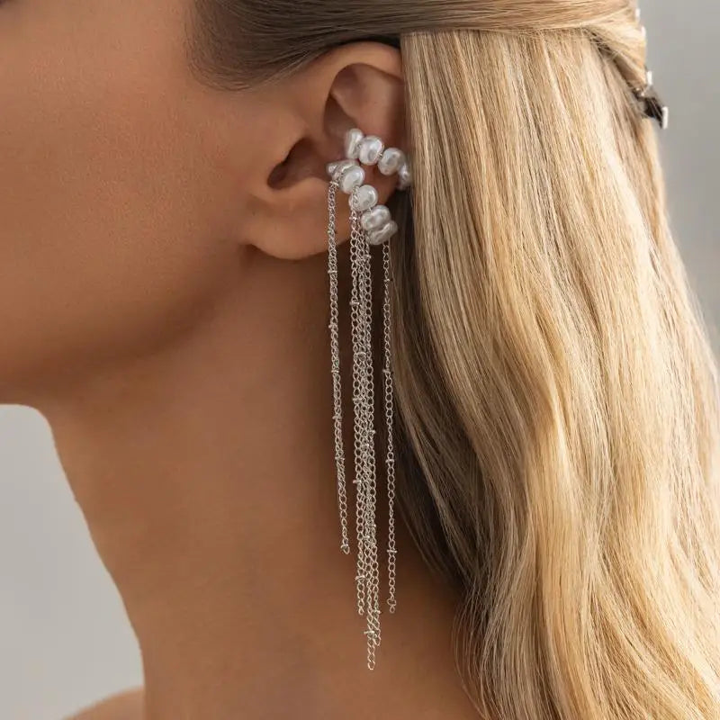 Pearl Long Tassel Ear Cuff Clip – No Piercing Women's Earrings Ear Cuff Earrings Axl