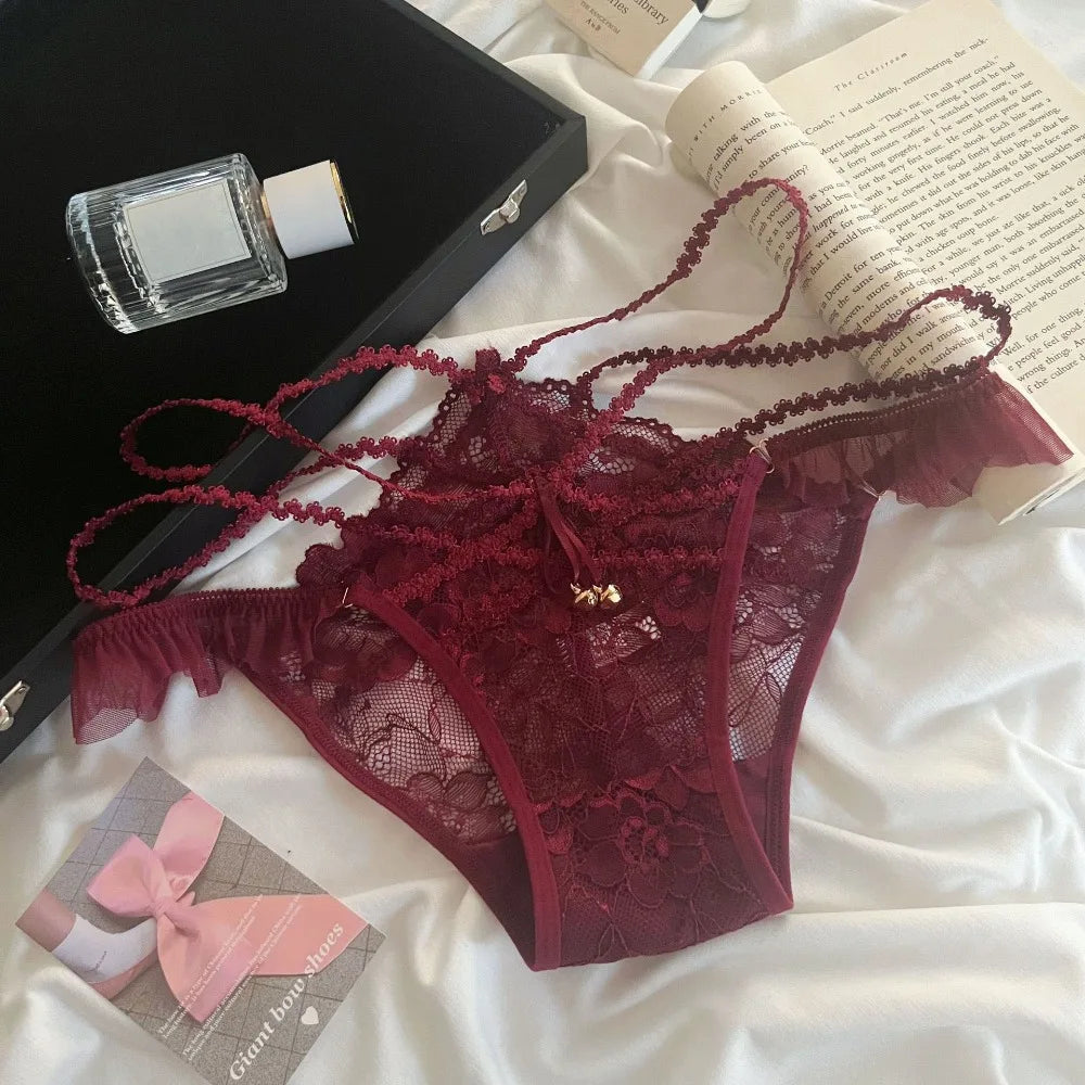 Women's Seamless Lace Bow Briefs – Ice Silk Cotton Crotch Panties Women's Briefs Axl Dark Red One Size 1pc