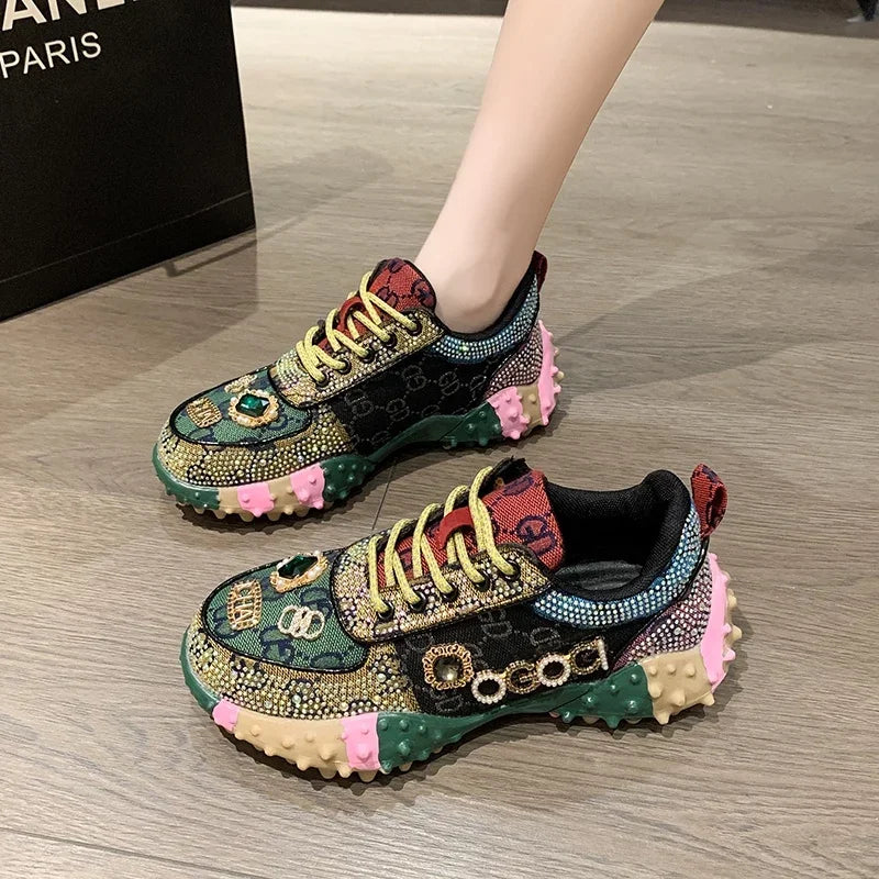 Women's Rhinestone Platform Sneakers – Glam Thick Sole Shoes Platform Sneakers Axl