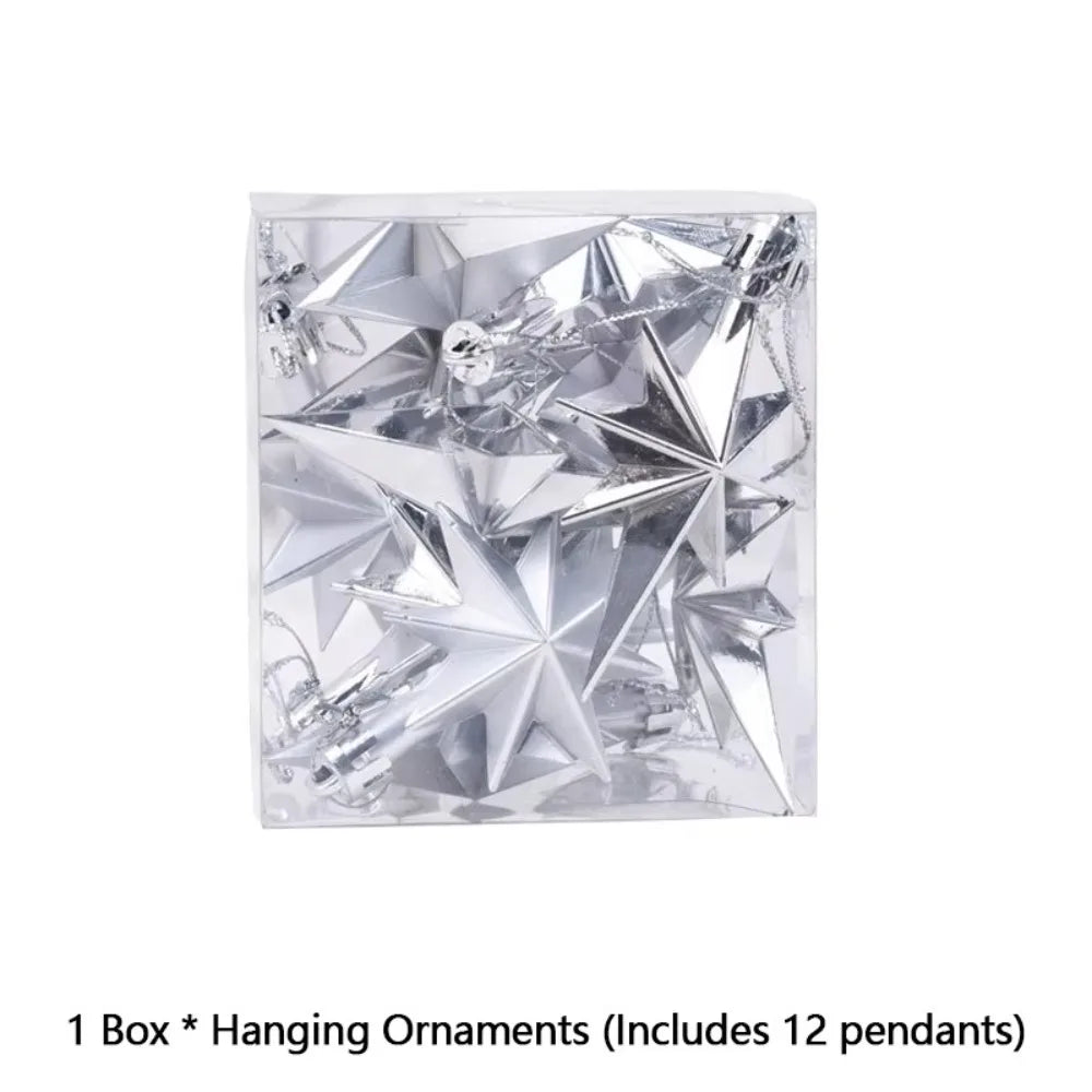12-Pack Glitter Star Christmas Ornaments – Gold Silver Red Christmas Tree Ornaments Axl Silver