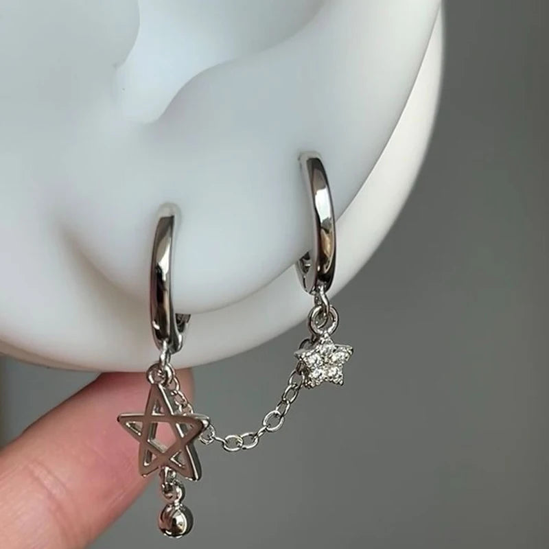 Silver Star Chain Double Ear Cuff Y2K Earrings for Women Fashion Earrings Axl
