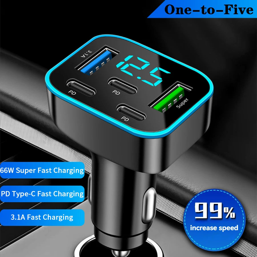 5-Port Fast Car Charger – 3x USB-C PD, 2x USB, Digital Display Car Charger Axl