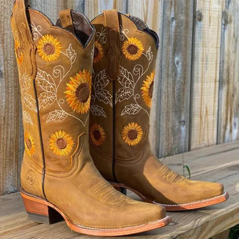 Women's Embroidered Knee-High Winter Boots | Brown Slip-On Knee-High Boots Axl