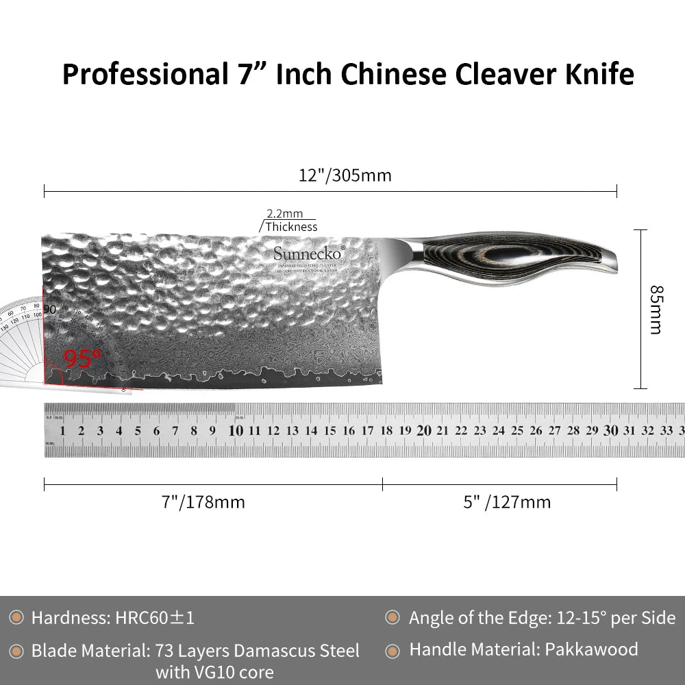 Sunnecko 7" Damascus Steel Cleaver Knife – VG10 Core Blade Damascus Cleaver Knife Axl