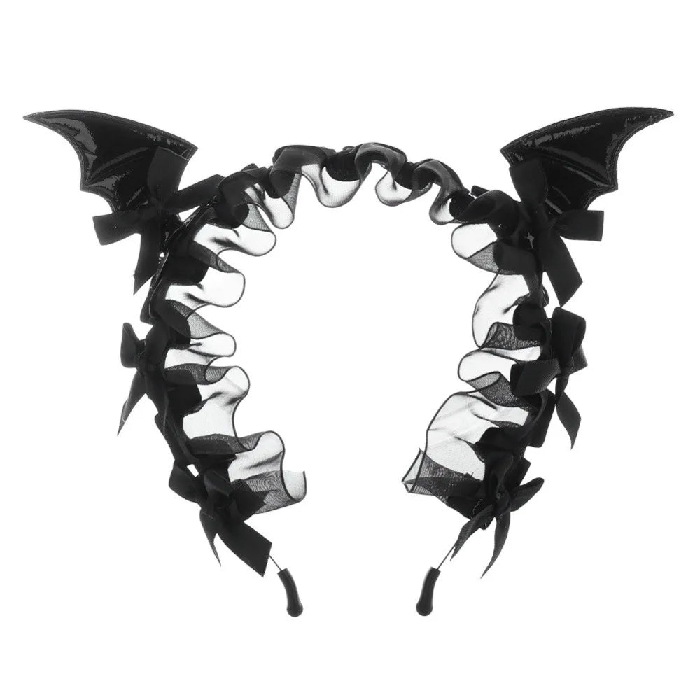 Gothic Bat Ruffle Lace Headband – Punk Bow Cosplay Hair Hoop Gothic Hair Headband Axl Black
