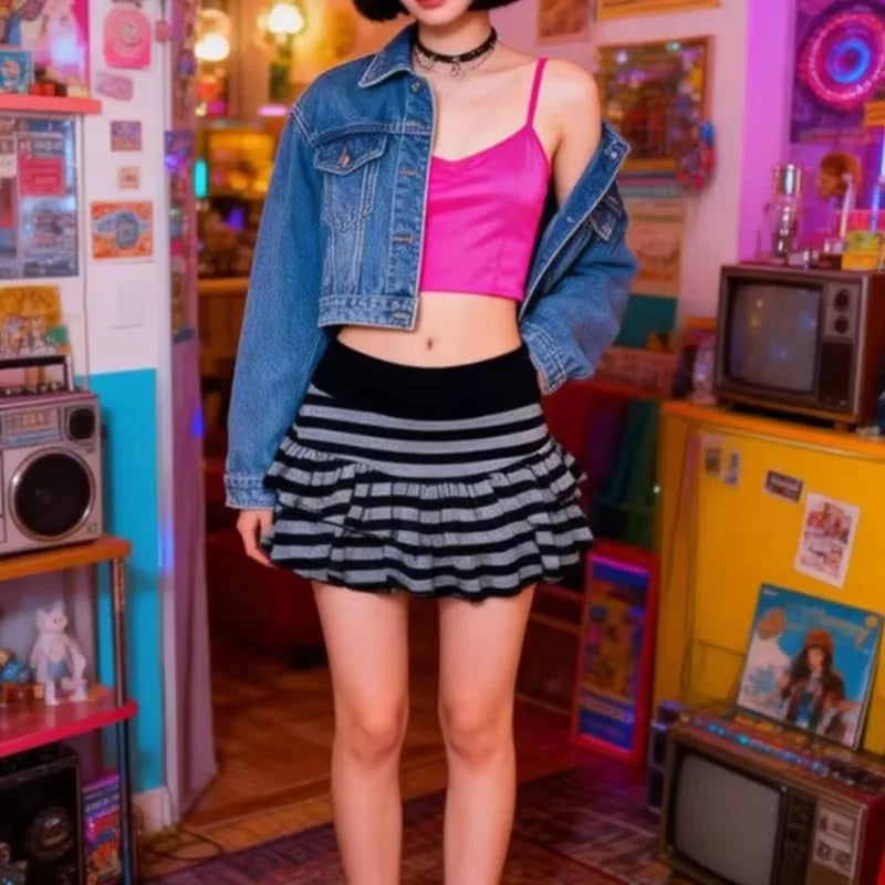 Y2K Striped Color Block Mini Skirt – A-Line Women's Fashion Mini Skirt Axl