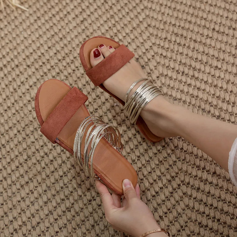 YBQJOO Women's Luxury Flat Slippers – Elegant Summer Outdoor Shoes Women's Flat Slippers Axl Brown 36