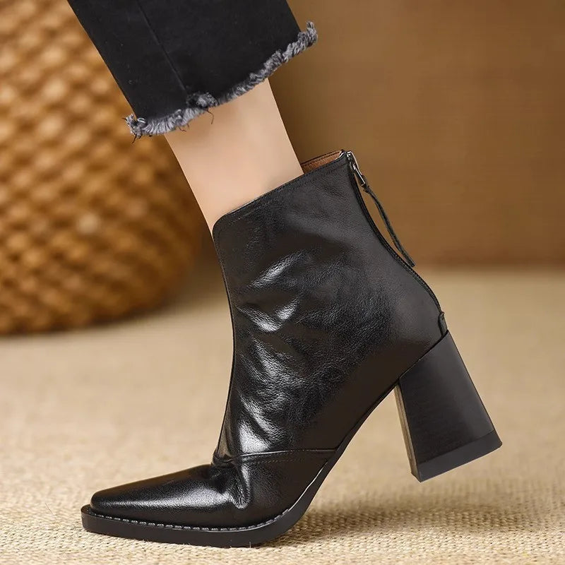 Women's Square Toe Ankle Boots | Block Heel Zipper PU Leather Ankle Boots Axl
